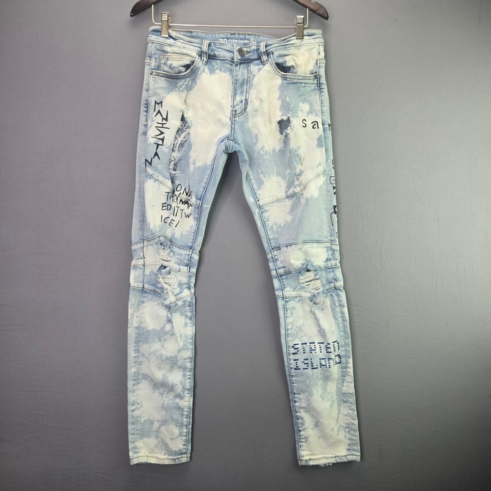 Crysp Denim Skinny Jeans Acid Wash Distressed Graphic 30 Light Blue Streetwear